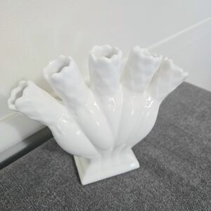 5 Finger Flower Vase Scalloped Edge White Ceramic Portugal Farmhouse Shabby